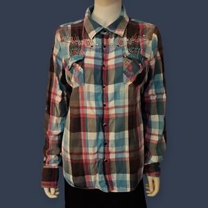 ROAR Y2k Totem Plaid Embellished Snap Button Western Grunge Flannel Shirt